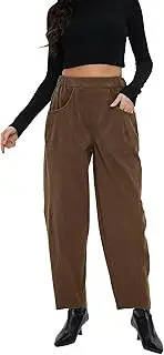 [EZAPINE] Women's Corduroy Pants Barrel Wide Leg Elastic Waist Pull-On Cord Pants Mid Rise Casual Baggy Trouser with Pockets