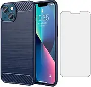 Asuwish Phone Case for iPhone 14 6.1 inch with Tempered Glass Screen Protector Cover and Slim Soft TPU Cell Accessories Protective iPhone14 5G i i-Phone i14 iPhone14case Women Men Carbon Fiber Blue