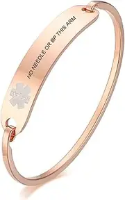[VNOX] Free Engraving-Stainless Steel Medical Alert ID Bangle Bracelet,Gold Plated/Silver,7.4"-8.0" (7.4"-Rose Gold, no needle or bp this arm)
