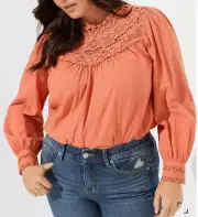 NWT Torrid 5 Peach Cotton Lace Trim Yoke Blouson Sleeve Top, Plus Size 5X 28