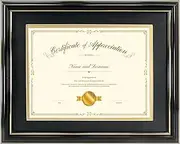 Hodeframe 8.5x11 Document Certificate Frame - Classic Black Color Frame - Displays Diploma 8.5x11 Inch with Mat - 11x14 Inch Without Mat - For Diploma/Document/Photo(Double Mat - Black with Gold Rim