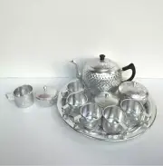 Vintage Thai Design Silver Tray Aluminium Tea Kettle Large Set & 2Bowls & 5 Cups