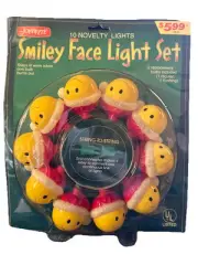 VTG New Smiley Face Light Set Santa Hat Christmas Holiday Decorations Joybrite