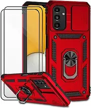 [Dechyi] Case for Samsung Galaxy A13 5G / A04s with Tempered Glass Screen Protector Protective Case with Camera Slider Case 360° Rotating Military Stand Shockproof Cover Red