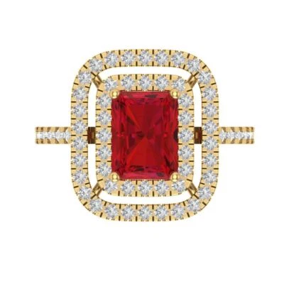 2.63Ct Emerald Cut Ruby Solid Rose/Gold Halo Engagement Promise Statement Ring