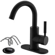 Phiestina 4" High-Arc Single Handle Bathroom Faucet Matte Black Deck Plate&Hoses