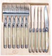 Jean Dubost Deluxe Laguiole 12 piece Light Horn Steak Knife and Fork Set 1.5mm