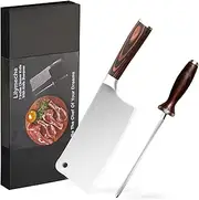 Lilymeche Concept Meat Cleaver Knife(7 Inch-7CR17MOV) Stainless Steel Professional Butcher Knife, Ergonomic Pakkawood Handle Heavy Duty Blade with 7" Knife Sharpener for Home, Kitchen & Restaurant
