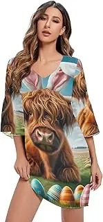 [RPLIFE] Easter Cute Highland Cow Chiffon Dress Printed Chiffon Line Maternity Dress