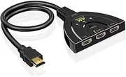 HDMI Splitter 4K HDMI 3 in 1 Out with 20CM, HDMI 2.0 Cable, 3x1 HDMI Multi-Port, 3-Way HDMI selector Switch Suitable for Fire TV Stick, PS5, PS4 Xbox PS5/4 Roku Blu ray Player Apple TV (1Pack)