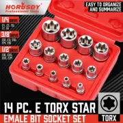 14Pc E Torx Socket Set Female Start Bit External Hex Torque E4-E24 With Case