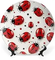 Red Ladybug Decorative Plates, Ceramic Decorative Plates for Display, Boho Style Dinner Plate with Display Stand, Porcelain Plate for Home Decor