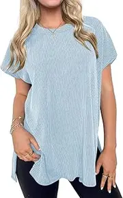 [Poetsky] Womens Cap Sleeve Tops Summer Oversized Tshirt Casual Crew Neck Side Split Loose Shirts