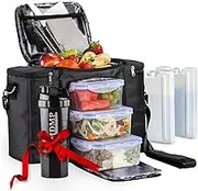 Meal Prep Lunch Bag/Box for Men, Women + 3 Large Food Containers (45 Oz.) + 2 Big Reusable Ice Packs + Shoulder Strap + Shaker with Storage. Insulated Lunchbox Cooler Tote. Adult Portion Control Set