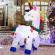 Costway 182CM Christmas Magic Unicorn, Inflatable Unicorn Decoration with Rainbow Tails & Christmas Wreath, Blow-up Themed Decor with Multicolor Disco Light & Bright LED for Holiday Birthday Party