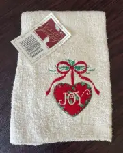 Embroidered Ivory “Joy” Christmas Red Ornament Bow Washcloth Fingertip Towel