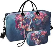 [ZRYSMY] Skull Colorful Florals Duffel Bag for Traveling, Travel Bag Gym Bag, with Multiple Interior Pockets Shoulder Weekender Bag for Women Men with Toiletry Bag 20.5L x 1.9W x 13.8H, Multi-Colored
