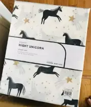 Pottery Barn Night Unicorn Sheet Set Queen Black White Horse 4pc Kids Cotton