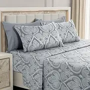 6 Piece: Paisley Printed Bed Sheet Set 1800 Count Egyptian Quality HOTEL LUXURY Flat SheetFitted Sheet with 4 Pillow CasesDeep Pockets Soft Extremely Durable by Lux Decor (Queen GREY)