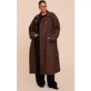 Plus Chocolate Textured Faux Leather Trench Coat, Chocolate