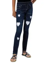 Justice Girls Denim Jeggings Blue 14 Medium Wash Colorful Sequin Hearts Logo