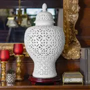 25" Carved Temple Jar - White
