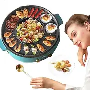 Non-Stick Smokeless BBQ Shabu Shabu Pot Multifunction Electric Grill Thai Barbecue Grill Korean BBQ Hot Pot Separate Dual Temperature Control for 2-8 People Green Large