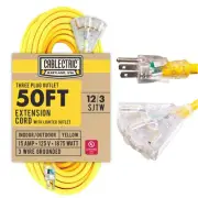 50 Ft Outdoor Extension Cord with 3 Outlet, 12/3 Weatherproof 50 ft Yellow Ex...