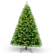 7.5ft Pre-Lit Christmas Tree, Hinged Green Artificial Holiday Decorative Tree