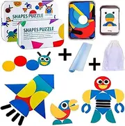 Montessori Wooden Puzzle and Pattern Blocks Set - 60 Design Cards, Non-Slip Mat, and Travel Bag - Educational Sorting and Stacking Toy for Toddlers - Great for 2 3 4 5 Year Olds
