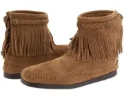 MINNETONKA DOUBLE FRINGE SIDE ZIP Boots Taupe New