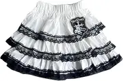 [RILGOU] Y2K Harajuku Lolita Kawaii Fashion Casual Elastic Waist Gothic Skull Badge Black Lace Trim Tiered Short Skirt