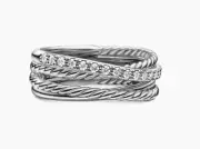 David Yurman Sterling Silver 925 Crossover Ring with Pave Diamonds Size 7.5