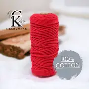 3MM 3ply macrame cord SCARLET, 100m High Quality Cotton Soft 3 Strand Melbourne