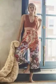 Anthropologie Kirstin Lamb Painterly Fringed Floral Sleep Pants Lounge NWT L