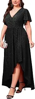 [ZOMVA] Plus Size 1X-4X Sparkly Glitter Formal Maxi A Line Dress Sparkle Wrap Ruffle Sleeve Prom Dresses Cocktail Evening Gown