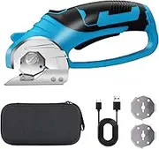 SWNEPOF Cordless Electric Scissors, 4V Rechargeable Fabric Cutter with Safety Lock & Light, Heavy Duty Power Rotary Cutter for Leather, Carpet, Cardboard, Sewing & Crafting, 2 x Blades (Blue)