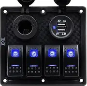 FXC Waterproof Marine Boat Rocker Switch Panel 4 Gang with Dual USB Slot Socket + Cigarette Lighter LED Light for Car Rv Vehicles Truck