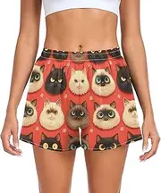 [FRODOTGV] Funny Cats Faces Red Women's Athletic Shorts with Pockets Exercise Shorts for Workout Gym Fitness Cycling Swimming S