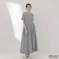 在飛比找momo購物網優惠-【MO-BO】圓領修身打褶傘襬洋裝