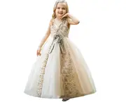 Floral Girl Dress Princess Pageant Party Formal Maxi Long Dress Evening Party Ball Gown - Champagne