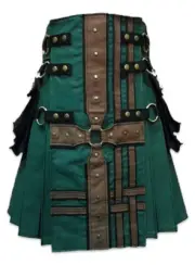 Men's Scottish Highland Hunter Green Brown Medieval Modern Hybrid Utility Kilt