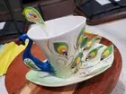Peacock Porcelain Coffee Tea Cup Set, Saucer, Cup, Spoon Gorgeous Colors