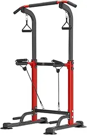 Trlakepreble Power Tower Pull Up Bar Station,Pull-Up Rack Dip Station for Home Gym, Height Adjustable Home Strength Training Fitness Workout Equipment for Beginners Under 6 Feet Tall (Red)