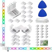 LED Light Strip Connectors Kit - 10mm Unwired 4 Pin RGB LED Lights, 12 Gapless, 6 L Shape for SMD 5050 Multicolor Strip 12V-24V With 20 Wire Clips, Open Tool