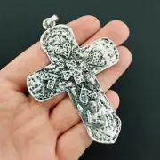 1 Cross Charm Antique Silver Tone Large Size Hammered Finish - SC7653