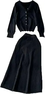 [keusyoi] Winter Knit Two Piece Set Women Elegant V Neck Long Sleeve Cardigan Elastic Waist Sweater A-Line Skirt Suit