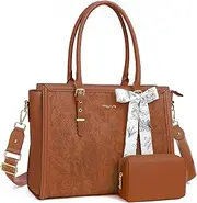[MOSISO] Laptop Bag for Women, PU Leather Tote Bag, Front Embossed Retro Hibiscus Computer Bag with Silk Scarf&Clutch Purse