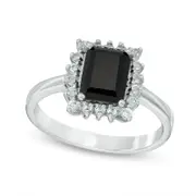 Emerald-Cut Onyx and White Topaz Starburst Frame Ring in Sterling Silver