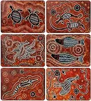 6 Placemats + 6 Coasters - Made in Australia - Cork Backed - Aboriginal Art - Animals, Art Prints Brown - Gift, Souvenir, Australia, Indigenous